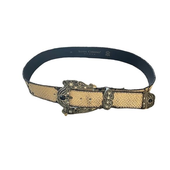 𝅺LUISA CERANO Italy Snakeskin Leather Belt Cream Black 36 EU - Picture 4 of 14